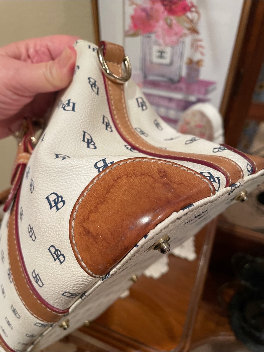 Dooney & Bourke White Logo Satchel with Brown Leather Trim - Picture 4 of 9